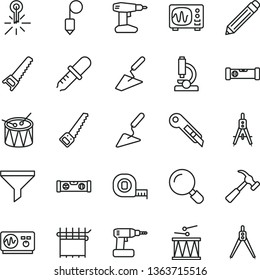 thin line vector icon set - graphite pencil vector, drumroll, drum, trowel, building, cordless drill, hand saw, arm, measuring tape, construction level, plummet, stationery knife, hammer with claw