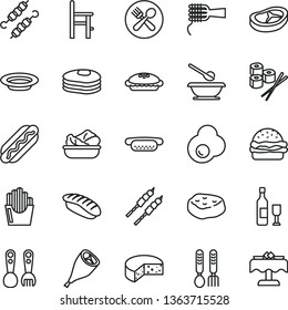 thin line vector icon set - plates and spoons vector, a chair for feeding, plastic fork, iron, cheese, Hot Dog, mini, burger, noodles, pie, lettuce in plate, grill chicken leg, bacon, barbecue, egg