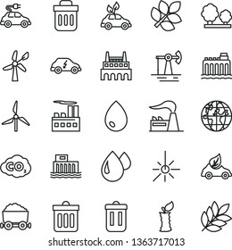 thin line vector icon set - dust bin vector, drop, apple stub, working oil derrick, windmill, wind energy, factory, hydroelectric station, hydroelectricity, trees, industrial building, eco car