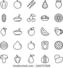 thin line vector icon set - mushroom vector, a bowl of buckwheat porridge, rice, plate fruit, barbecue, orange slice, sandwich, cherry, branch grape, red apple, fig, tasty raspberry, water melon
