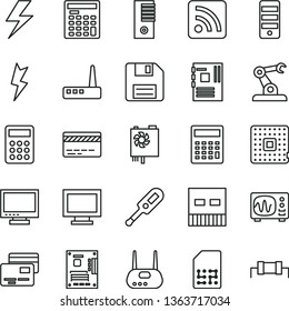 thin line vector icon set - lightning vector, floppy disk, monitor, window, bank card, calculator, rss feed, electronic thermometer e, cards, processor, assembly robot, SIM, engineer, tower, usb