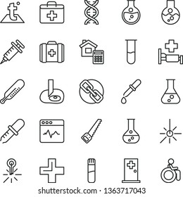 thin line vector icon set - spectacles vector, first aid kit, plus, mercury thermometer, medical bag, arm saw, estimate, temperature, cardiogram, round flask, outdoor, test tube, dna, pipette, room