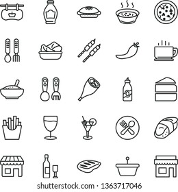 thin line vector icon set - plastic fork spoons vector, iron, coffee, pizza, piece of cake, pie, a bowl rice porridge, in saucepan, lettuce plate, grill chicken leg, chop, barbecue, French fries