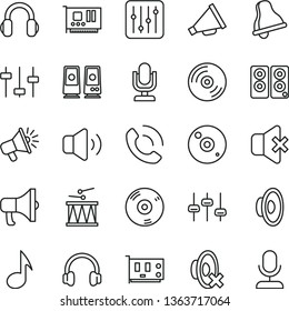 thin line vector icon set - bell vector, desktop microphone, horn, loudspeaker, silent mode, drumroll, CD, regulator, volume, no sound, phone call, megaphone, pc card, headphones, speaker, note