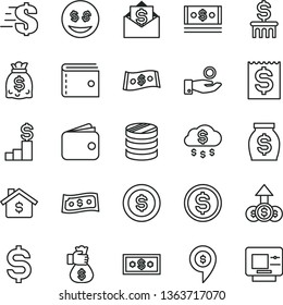 thin line vector icon set - purse vector, dollar, column of coins, denomination the, financial item, catch a coin, wallet, money, dollars, cash, bag hand, rain, mortgage, pedestal, eyes, growth, pin