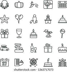 thin line vector icon set - daily calendar vector, colored air balloons, cake, birthday, gift, torte, Chupa Chups, glass, pumpkin, wall, giftbox, sand castle, wine, car baggage, passenger, hotel
