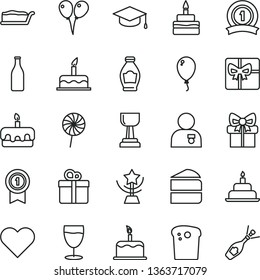 thin line vector icon set - colored air balloons vector, balloon, cake, birthday, heart, gift, square academic hat, Easter, piece of, slice, torte, lollipop, glass, bottle, giftbox, gold cup, star