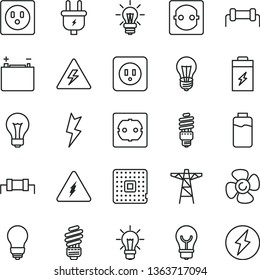 thin line vector icon set - danger of electricity vector, matte light bulb, saving, power socket type b, f, lightning, fan screw, charge level, charging battery, accumulator, pole, plug, energy