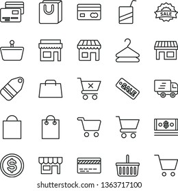 thin line vector icon set - paper bag vector, grocery basket, bank card, e, cart, crossed, with handles, cards, kiosk, hanger, label, stall, shopping, reverse side of a, dollar, cash, hand, store