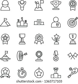 thin line vector icon set - pedestal vector, racer, stopwatch, winner, podium, prize, award, cup, gold, star, man with medal, flag, motivation, mountain, target, purpose, pennant, ribbon, tennis