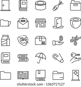 thin line vector icon set - folder vector, open pin, e, books, ntrance door, received letter, book, umbrella, cardboard box, 24, package, canned goods, half of coconut, stall, get a wage, exit