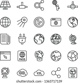 thin line vector icon set - sign of the planet vector, globe, earth, passport, solar panel, plug, CO2, carbon dyoxide, connection, connections, newspaper, network, browser, connect, man hold world