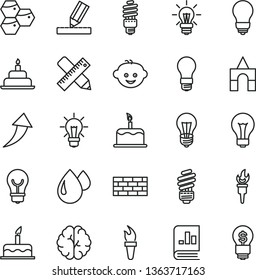 thin line vector icon set - matte light bulb vector, children's hairdo, box of bricks, cake, birthday, brickwork, saving, writing accessories, drawing, honeycombs, drop, energy, book on statistics
