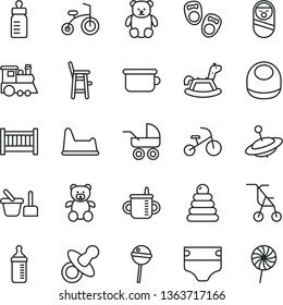 thin line vector icon set - baby cot vector, dummy, mug for feeding, bottle, measuring, diaper, bib, carriage, sitting stroller, stacking rings, roly poly doll, toy sand set, children's potty, chair