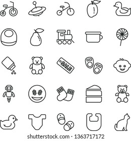 thin line vector icon set - baby powder vector, bib, Child T shirt, rubber duck, duckling, warm socks, children's potty, teddy bear, small, hairdo, toy train, yule, bicycle, tricycle, piece of cake