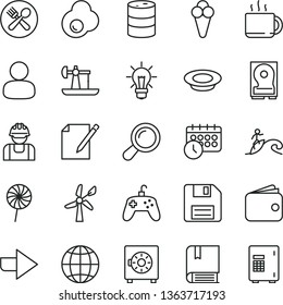 thin line vector icon set - floppy disk vector, right direction, e, earth, notes, strongbox, a plate of milk, lollipop, cup tea, cone, fried egg, oil derrick, wind energy, barrel, builder, man, bulb