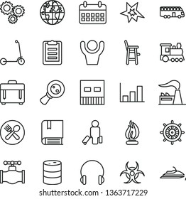 thin line vector icon set - a chair for feeding child vector, Kick scooter, e, headphones, case, valve, factory, barrel, magnifying glass, three gears, planet, calendar, usb, biohazard, flame, bang