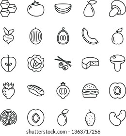 thin line vector icon set - cheese vector, burger, mushroom, porcini, tomato, Chinese chopsticks, japanese sushi, honeycombs, half apricot, squash, pear, tasty apple, plum, strawberry, of medlar