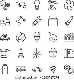 thin line vector icon set - crane vector, brickwork, hook, building trolley, drill, hand saw, fan screw, charge level, leaf, accumulator, light bulb, hydroelectricity, plug, electric, retro car