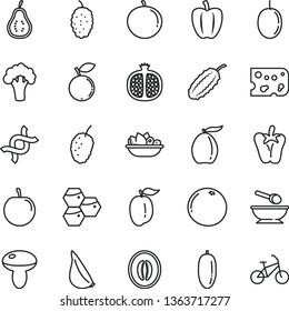 thin line vector icon set - deep plate with a spoon vector, piece of cheese, mushroom, fruit, peper, garlic, honeycombs, half pomegranate, blueberry, mulberry, tasty, loquat, melon, date, tangerine