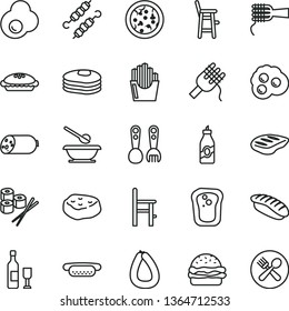 thin line vector icon set - plates and spoons vector, a chair for feeding, child, plastic fork, sausage, stick of, pizza, mini hot dog, burger, spaghetti, noodles, pie, chop, meat on skewers, piece