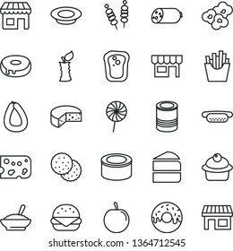 thin line vector icon set - kiosk vector, sausage, stick of, piece cheese, canned goods, tin, fried vegetables on sticks, mini hot dog, big burger, muffin, cake, with a hole, glazed, plate milk