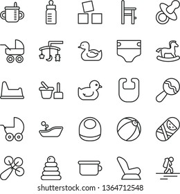 thin line vector icon set - toys over the cradle vector, dummy, mug for feeding, bottle, diaper, bib, baby, beanbag, rattle, car child seat, stroller, carriage, rubber duck, duckling, bath ball, a