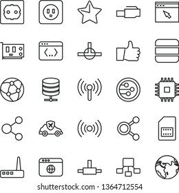 thin line vector icon set - power socket type b vector, f, star, thumb up, big data server, autopilot, SIM card, connection, connections, hierarchical scheme, cpu, pc, router, network, browser