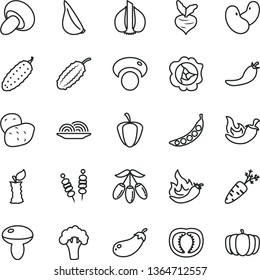 thin line vector icon set - fried vegetables on sticks vector, onion, mushroom, porcini, cucumber, chili, garlic, squash, goji berry, apple stub, half tomato, ripe pepper, red, hot, potato, carrot