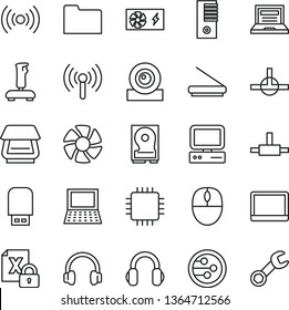 thin line vector icon set - laptop vector, computer, notebook pc, fan, encrypting, mouse, power supply, tower, cpu, web camera, hdd, scanner, usb flash, headphones, network, folder, connect, repair