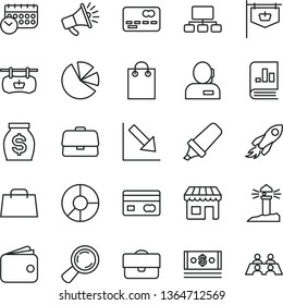 thin line vector icon set - negative chart vector, kiosk, vintage sign, antique advertising signboard, coastal lighthouse, magnifier, portfolio, briefcase, space rocket, reverse side of a bank card