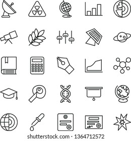 thin line vector icon set - vector e, square academic hat, telescope, molecule, nuclear, dna, settings, pipette, globe, calculator, artifical insimination, growth graph, earth core, sun panel, bang