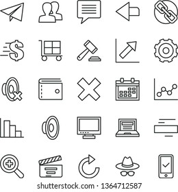 thin line vector icon set - truck lorry vector, image of thought, laptop, monitor, calendar, left direction, cargo trolley, purse, paper airplane, hammer a judge, spectacles, zoom, women, minus