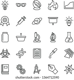 thin line vector icon set - jar vector, pan, flask, microscope, glasses, dna, bulb, gears, book, biohazard, pipette, flame, clipboard, drawing compass, growth graph, medal, sun panel, saturn, bang