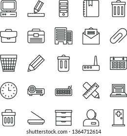 thin line vector icon set - laptop vector, clip, wicker pot, bin, storage unit, portfolio, buildings, writing accessories, drawing, received letter, notebook, suitcase, pencil, dispatcher, watch