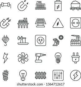 thin line vector icon set - matte light bulb vector, hook, cordless drill, saving, power socket type b, lightning, new radiator, regulator, marine propeller, charging battery, big solar panel, plug