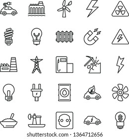 thin line vector icon set - lightning vector, danger of electricity, incandescent lamp, saving light bulb, new radiator, a bowl buckwheat porridge, marine propeller, oil derrick, coal mining, socket