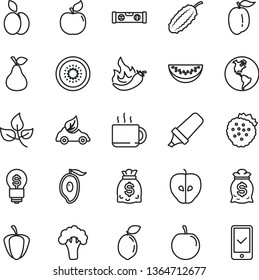 thin line vector icon set - building level vector, cup of tea, strawberries, apple, pear, apricot, tasty, half mango, water melon slice, ripe plum, kiwi, sour lime, pepper, hot, broccoli, cucumber