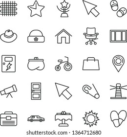 thin line vector icon set - hat vector, open pin, child bicycle, shoes, warm, window frame, portfolio, interroom door, dangers, home, star, weaving, lighthouse, location, purse, hand bag, chair, cup
