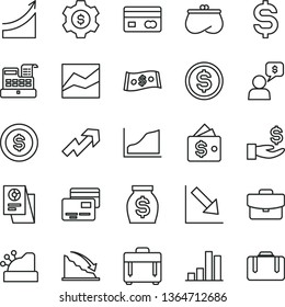 thin line vector icon set - growth up vector, line chart, negative, case, suitcase, cards, reverse side of a bank card, bar, recession, denomination the dollar, get wage, purse, money, cash machine