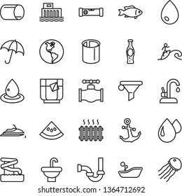 thin line vector icon set - children's bathroom vector, washbasin, sewerage, construction level, kitchen faucet, drop, anchor, umbrella, fish, a glass of tea, bottle soda, slice water melon, valve