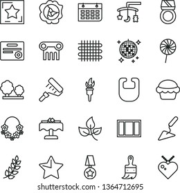 thin line vector icon set - toys over the cradle vector, bib, building trowel, window frame, paint roller, wooden brush, star, cake, lollipop, squash, leaves, trees, weaving, wall calendar, medal