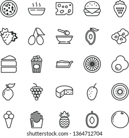 thin line vector icon set - deep plate with a spoon vector, piece of cheese, pizza, big burger, cake, slice, hot porridge, fried potato slices, popcorn, cup, cone, egg, strawberry, branch grape