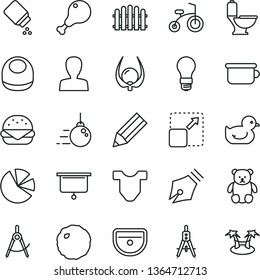 thin line vector icon set - woman vector, baby powder, bib, Child T shirt, duckling, children's potty, small teddy bear, bicycle, big core, sink, toilet, hedge, expand picture, burger, chicken leg