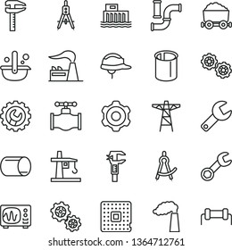 thin line vector icon set - repair key vector, gears, cogwheel, helmet, gear, valve, water pipes, manufacture, factory, hydroelectric station, power pole, tower crane, processor, pipe, calipers