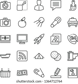 thin line vector icon set - image of thought vector, monitor, camera, roll, rss feed, safety pin, open, bath, plastic brush, drawing, picture, car, 24, artificial satellite, expand, biscuit, apricot