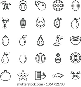 thin line vector icon set - small fish vector, blueberries, a pineapple, pomegranate, melon, water, half of mango, loquat, passion fruit, sweet date, kiwi, tamarillo, sour lime, ripe, guava, part