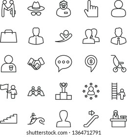 thin line vector icon set - woman vector, women, hat with glasses, summer stroller, employee, index finger, speech, man, handclasp, hand bag, conversation, scientist, winner podium, stairway, medal