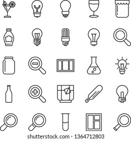 thin line vector icon set - matte light bulb vector, incandescent lamp, magnifier, zoom, out, mercury thermometer, window, frame, a glass of tea, cocktail, jam, bottle, jar, flask, test tube