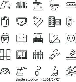 thin line vector icon set - repair key vector, cordless drill, paint bucket, color samples, wooden brush, suitcase, sink, toilet, lay out of flat, power socket type f, door knob, city block, drawing